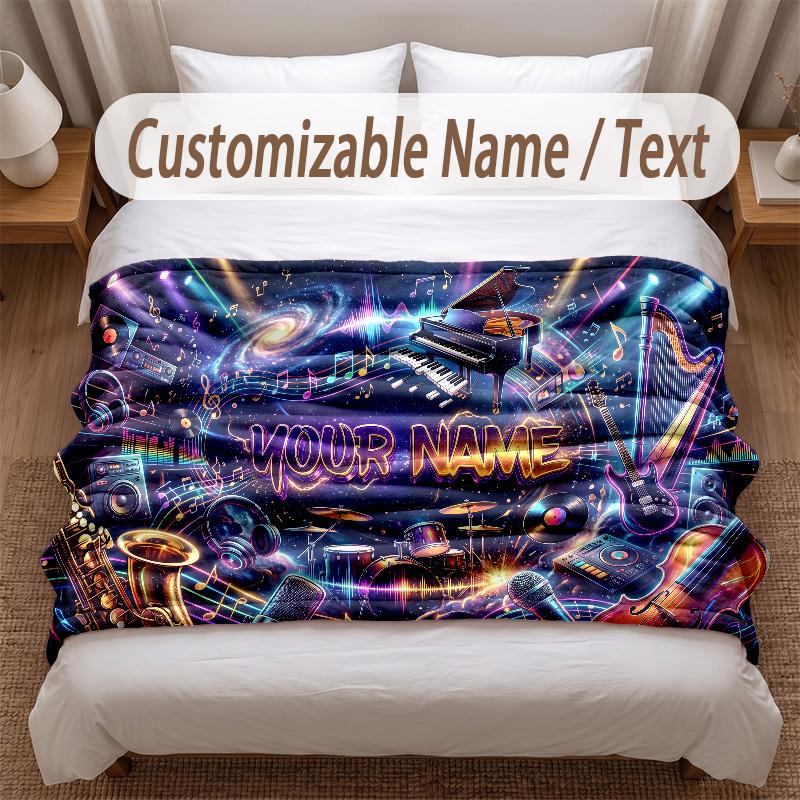 Music General Theme Soft Blanket Personalized Custom Name Text Print Warm Blanket Home Sofa Bedroom Decor