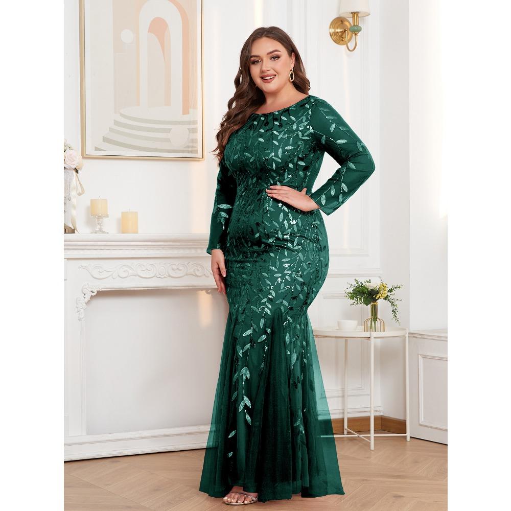 Plus Size Elegant Embroidered Mermaid Dress Round Neck Long Sleeve Lined Back Zipper