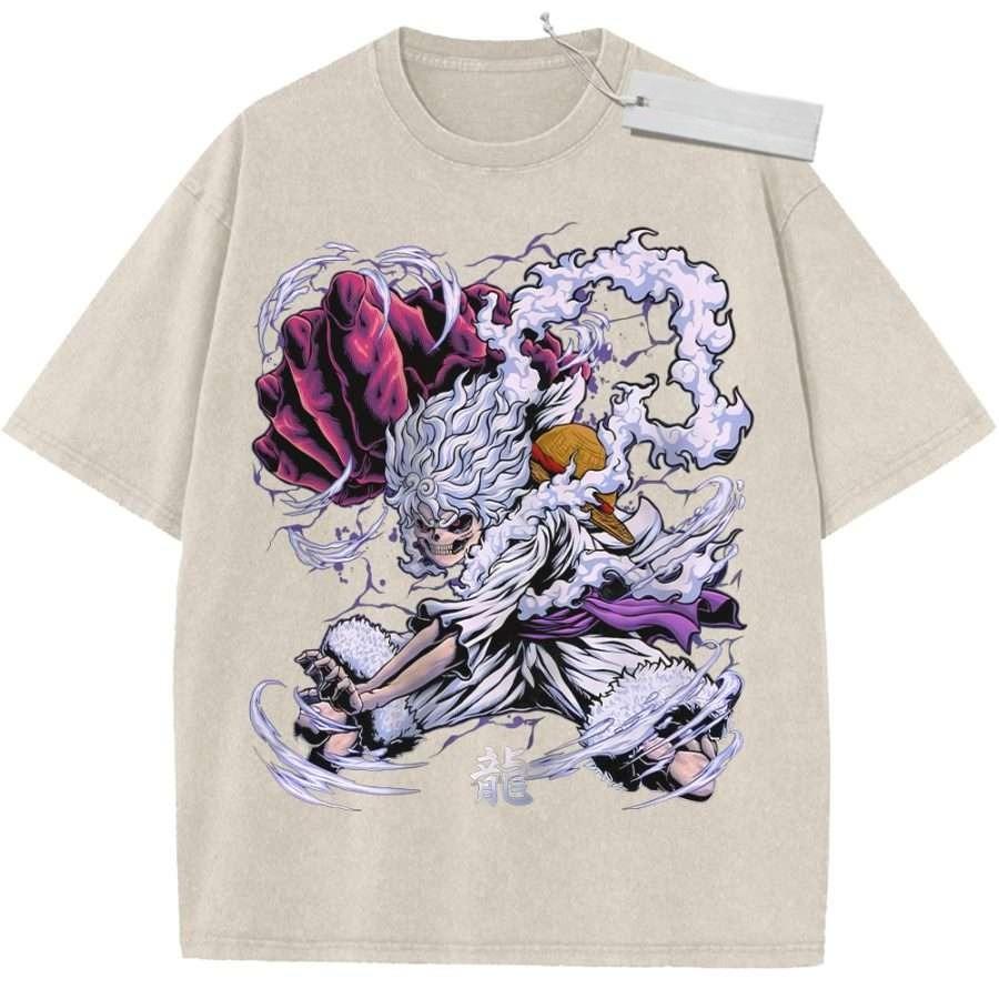 Unisex Washed Purple Vintage Tshirt One Piece Kaido Human Dragon Dragon Kanji Highquality Fabric for Home Leisure Travel
