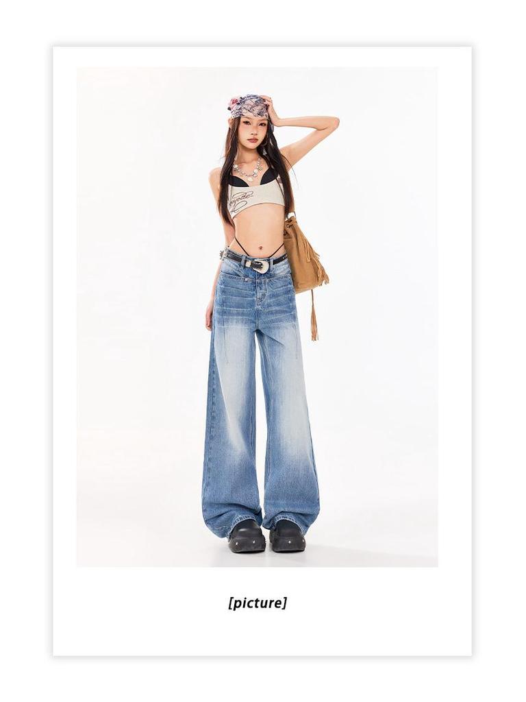 Women's Textured Distressed Denim Jeans: Loose Fit, Wide-Leg, Floor-Length, New Spring/Autumn 2026 Style.