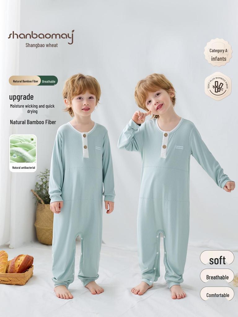 Bamboo Fiber Kid's Pajamas: Cool, Sweat-Wicking One-Piece with Belly Protection for Toddlers & Children (S, M, L) - Ideal for Air Conditioning.