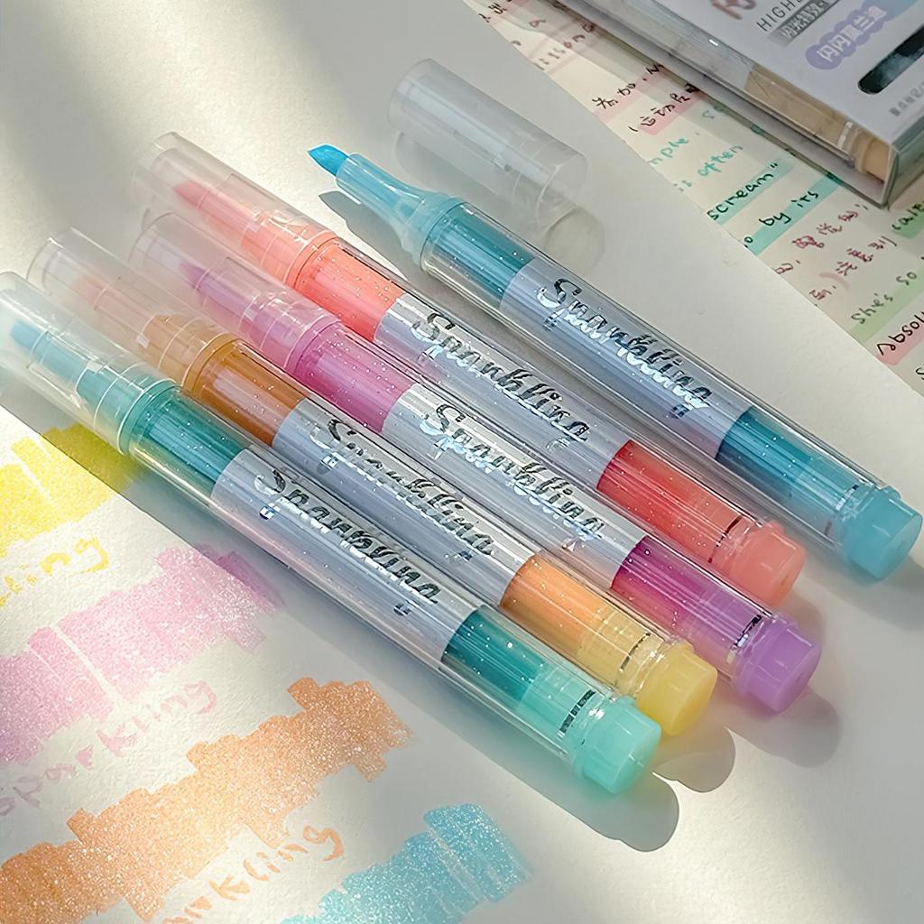 5pcs Mild Colors Highlighter Pens Set, Morandi Protect Vision Soft Chisel Brush Tip - Hued & Sparkling Fluorescent Markers