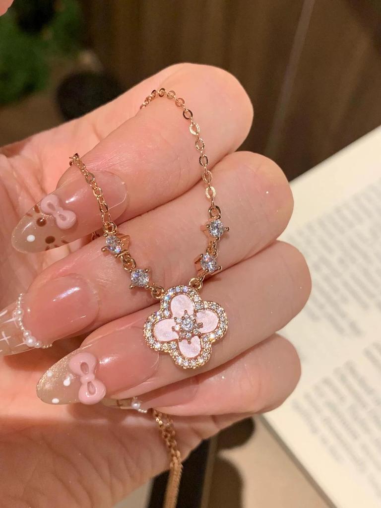 Rosa Muschel Diamant Vierblättriges Kleeblatt Halskette - Damen Luxus Elegant Vielseitig Schlüsselbein Kette