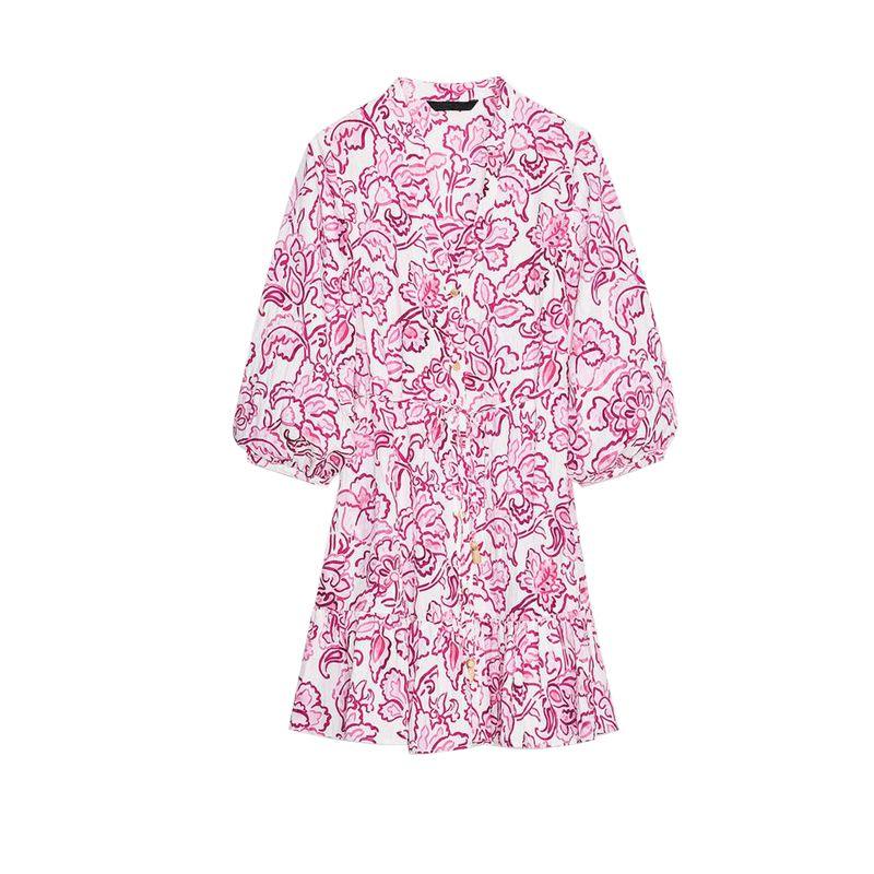 

Summer New Product Women s Clothes French Style Laminated Decoration Hem Flower Printed V-neck Mini Dress 3150658 Pink L