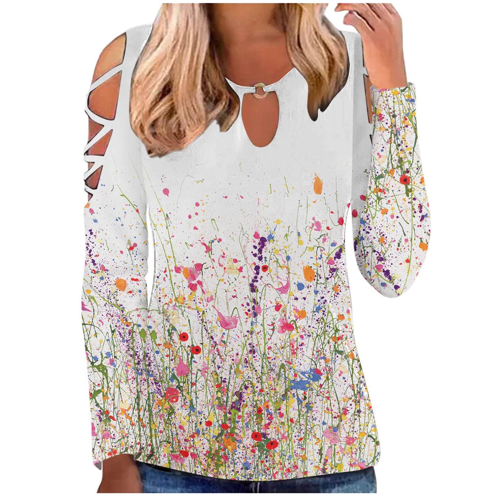 

(SU)Женские топы Нарядные повседневные рубашки с длинным рукавом с круглым вырезом и принтом Повседневные туники Блузки Топы