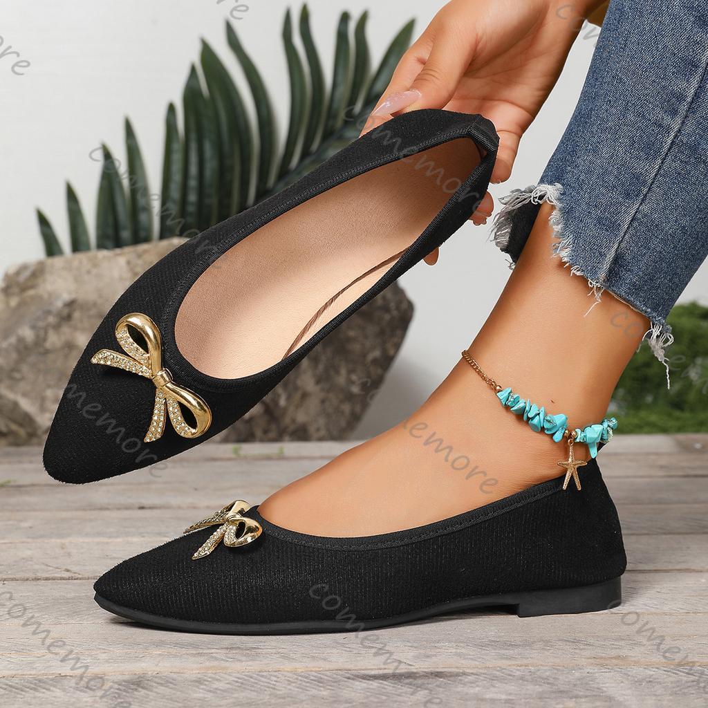 Fashion Comemore Women Flat Single Shoes Casual Black Bow Shallow Mouth Slip On Flats Pointed Toe Spring Summer Comfortable Women's Shoe