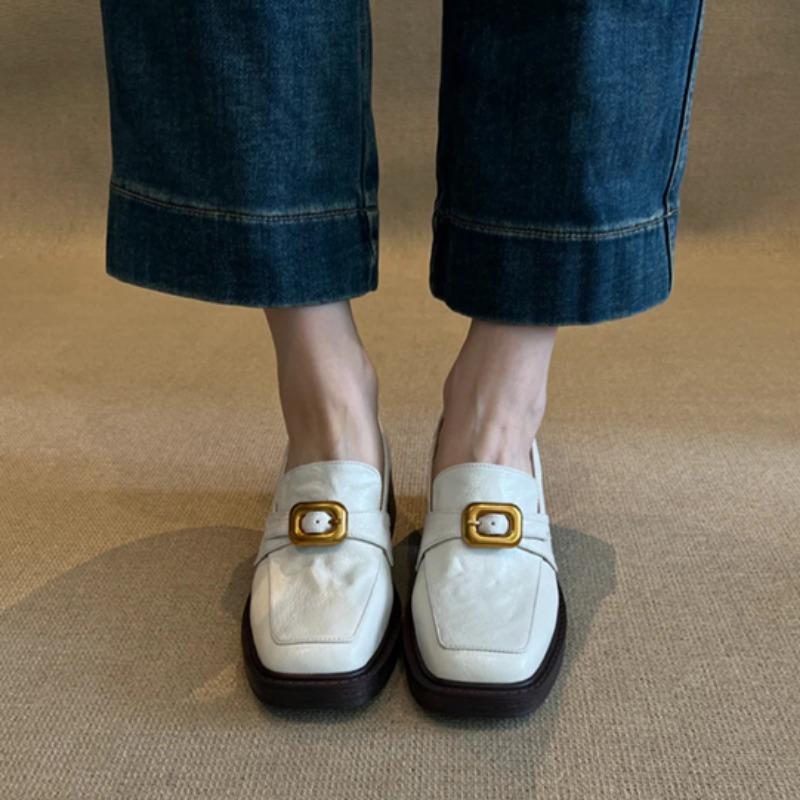 Women's Fashion Thick Heel Shoes Fall New Square Head Mid-mouth Metal Buckle Soft Sole Non-slip Low-top Shoes