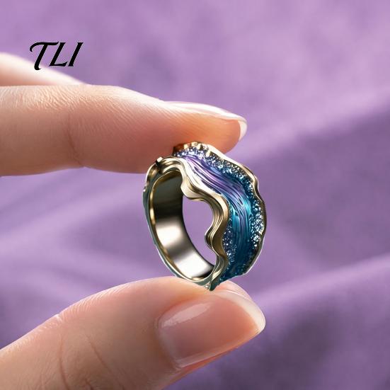 Daily Wear Finger Jewelry Resin Wave Ring for Women, Ocean Inspired Chunky Statement Ring, Non Tarnish Open Adjustable Fashion Summer Vacation Pattern