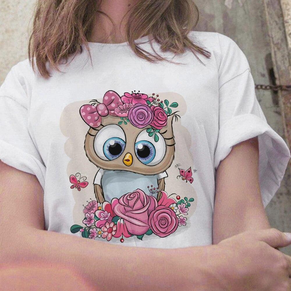 New Tops Trend Cute Owl Women Print Harajuku Ladies T-shirt Casual Basics O-collar Black White Shirt Short Sleeve Ladies T-shirt