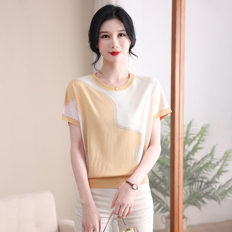 Women Summer New Ice Silk Round Neck Short Sleeve T Shirt Elegant Loose Thin Knit Top