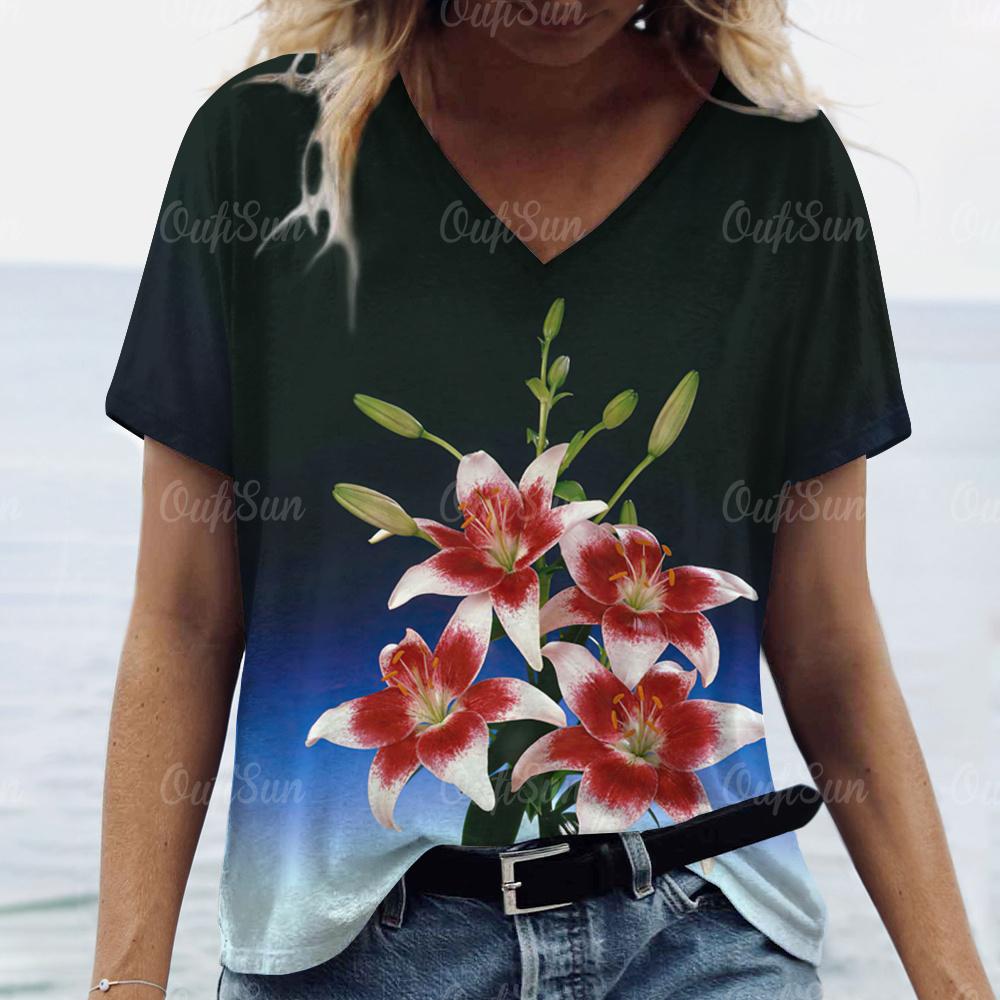 2024 Women T Shirt Summer Floral T-Shirt Plus Size Women's Clothing Oversized Designer Short Sleeve Shirt Women V Neck Blouse