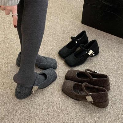 Neue Damen Vintage Schuhe mit dicken Absätzen und Fleece, High-Heeled Single Shoes