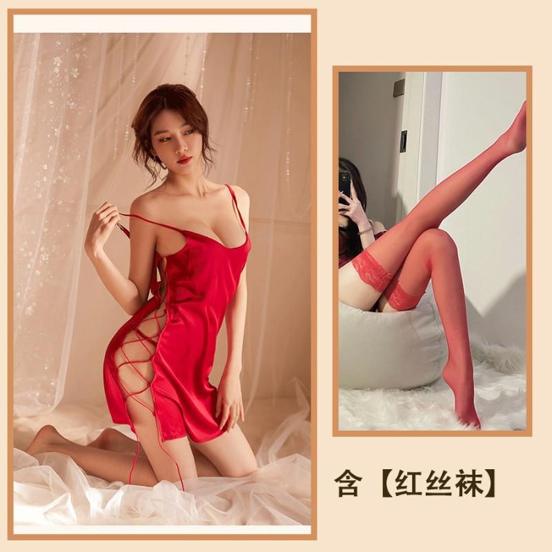 Dusk sexy underwear silky sexy pajamas women's side split-ended lace-up nightdress hot uniform home suit