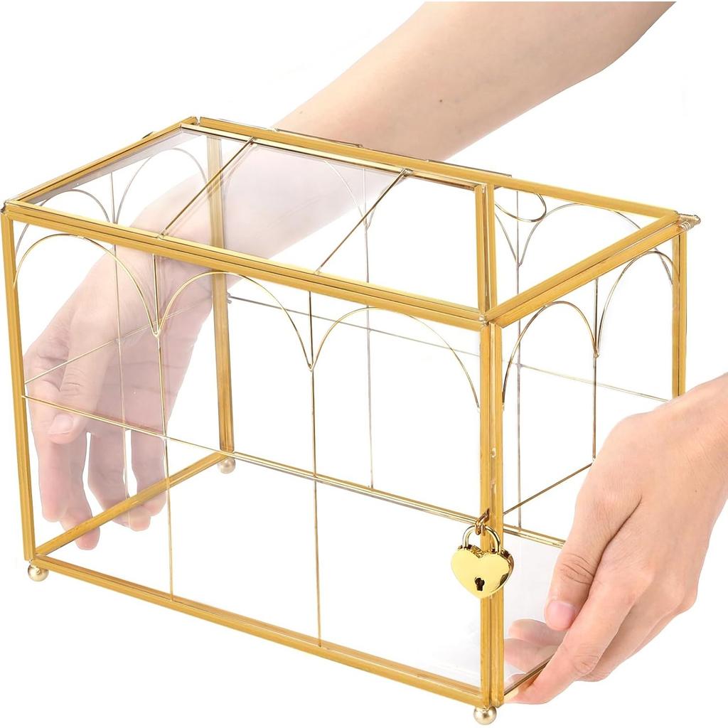 Caixa de Cartas de Vidro com Fenda, Caixa de Cartas Grande Dourada Transparente para Recepções de Casamento, Caixa de Armazenamento Decorativa com Fechadura para Chá de Bebê, Festa de Aniversário