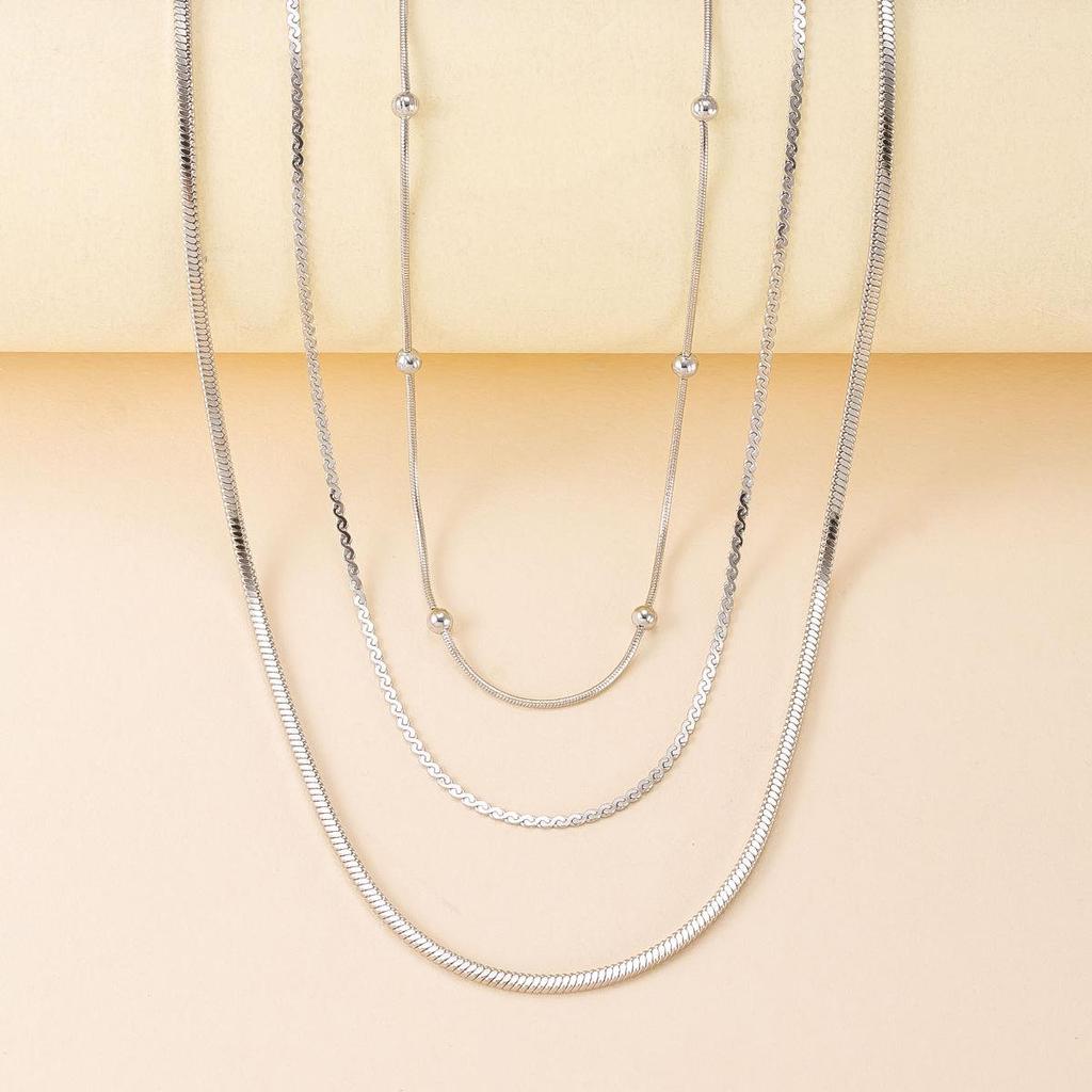 Elegant Stainless Steel Round Bead Snake Bone Necklace - Versatile, Fashionable Layered Clavicle Chain for Women