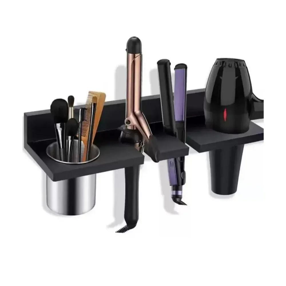 Multi-Purpose Wooden Hair Dryer Holder Wall-Mounted Space Saving Blow Dryer Hanger Stylish Curling Iron Shelf for Home