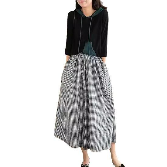 2024 Autumn Plus Size Plaid Cotton Linen Wide-Leg Skirt Pants - Elegant and Casual