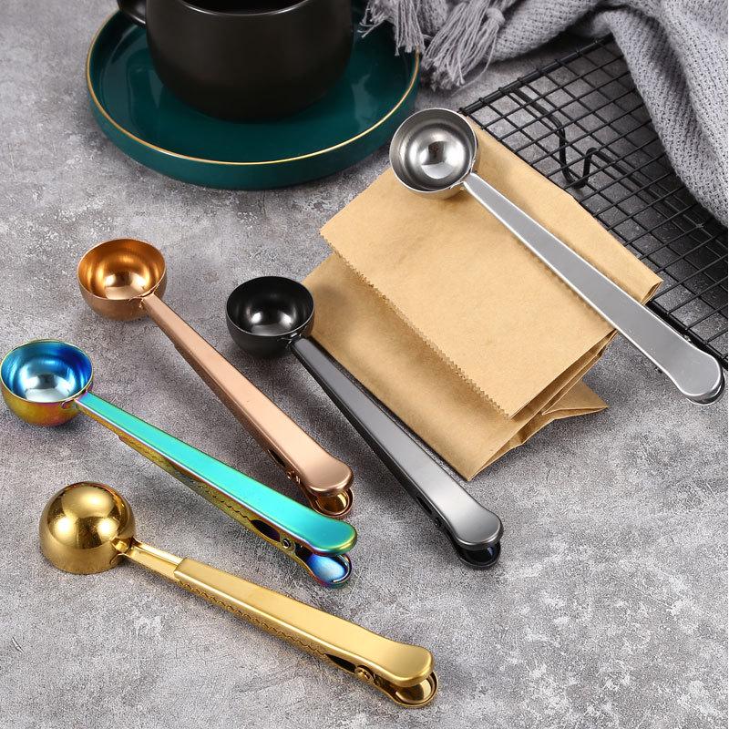 Creative Titanium-Plated Stainless Steel Coffee Spoon with Sealing Clip and Measuring Function for Milk Powder and Desserts