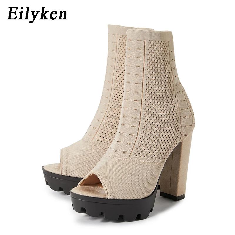 Fashion Eilyken Size 35-42 Breathable Round Hole Knitting Stretch Fabric Ankle Boots Sandals Fashion Peep Toe Thick Bottom Ladies Shoes