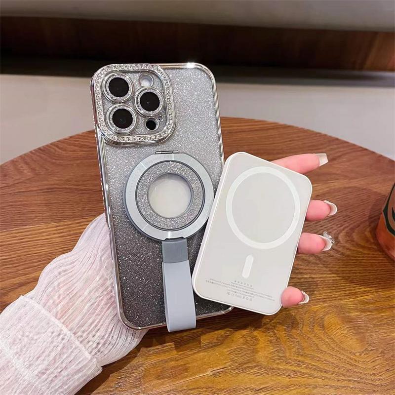 Luxury Diamond Magsafe Holde Glitter Hollow Logo Case for iPhone 16 15 Pro Max 14 Plus 13 12 11 Pro Shockproof Clear Cover