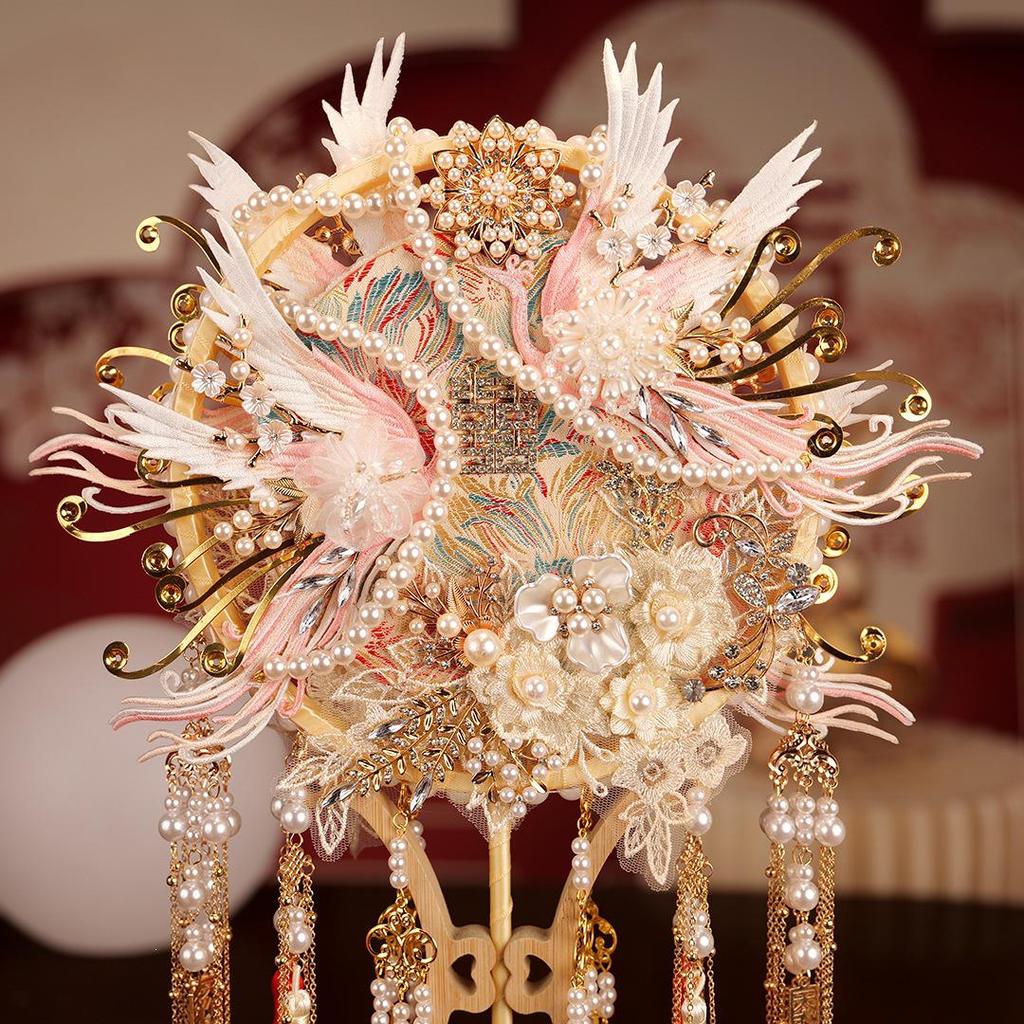 Bride's Joy DIY Handmade Double-Sided Long Handle Wedding Xiuhe Fan - Two-Color Round Face Cover Gift