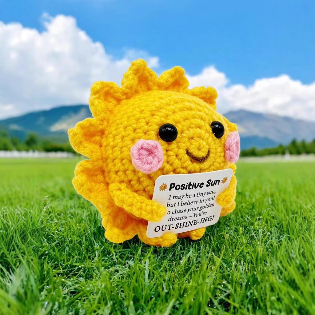 Playful Positive Crochet Sunshine Desktop Ornament Handmade Emotional Support Positive Sun Doll With Card Household Christmas Decoration