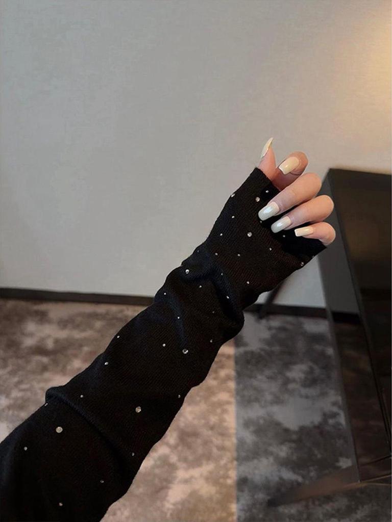 Elegant Black V-neck Rhinestone Knit Sweater for Women - Autumn/Winter Slimming & Flattering Layered Top