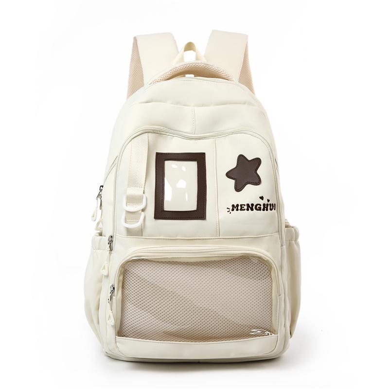 Cute Nylon Backpack for Women – Star Patch Design School Bag with Front Pocket for Everyday Use