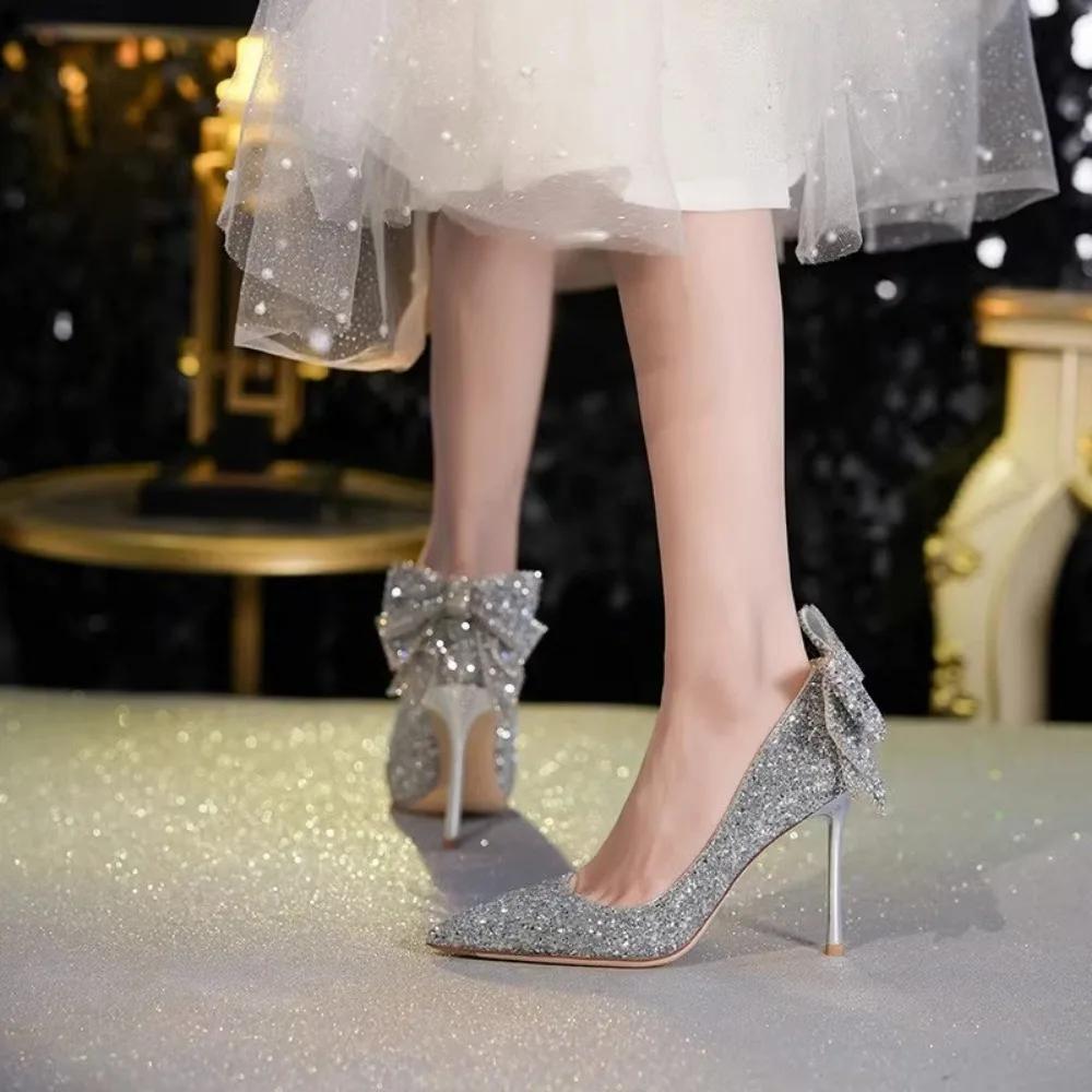 Comemore Shiny Bowknot Thin Heels Pumps Women Slip-On Bling Crystal Party Shoes Woman Sexy Pointed Toe Glitter High Heels Shoes