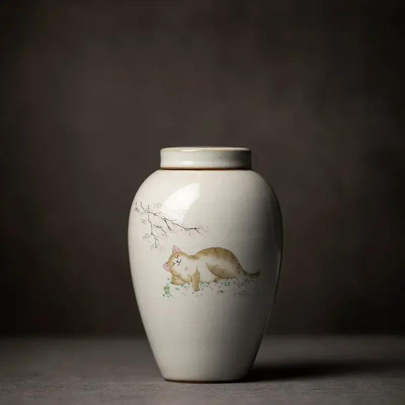 Retro Ru Kiln Ceramics Tea Caddy Cute Cat Pattern Portable Sealed Tea Leaf Containers Travel Tea Bag Storage Box Spice Organizer