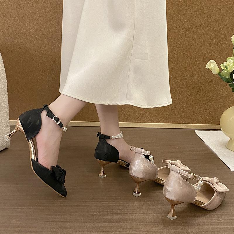 Medium Heel Stiletto High Heels Women's Single Shoes 2025 Summer New One-word Buckle Bow Single Shoes Fairy Style Work Shoes