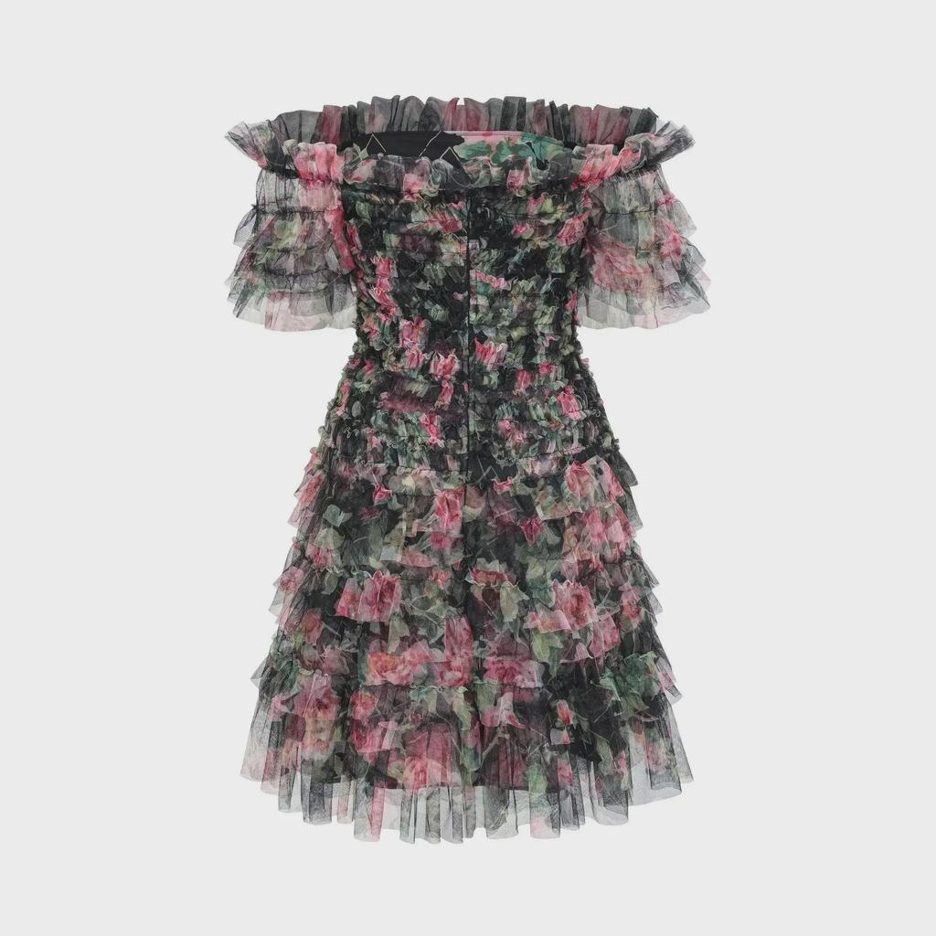 Middle Eastern Floral One-Shoulder Short Dress, Fresh and Sweet Commuter Style with Popular Embroidered Design