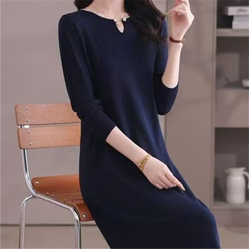 

Темпераментное элегантное однотонное вязаное платье-свитер осень и зима новое свободное с подкладкой под пальто свитер женский One size темно-синий