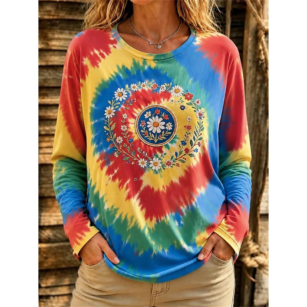 Women's Long-Sleeve T-Shirt Autumn 2026 Elegant Comfortable Crew Neck 3D Sunflower Floral Print Vintage Casual Street-Style Top