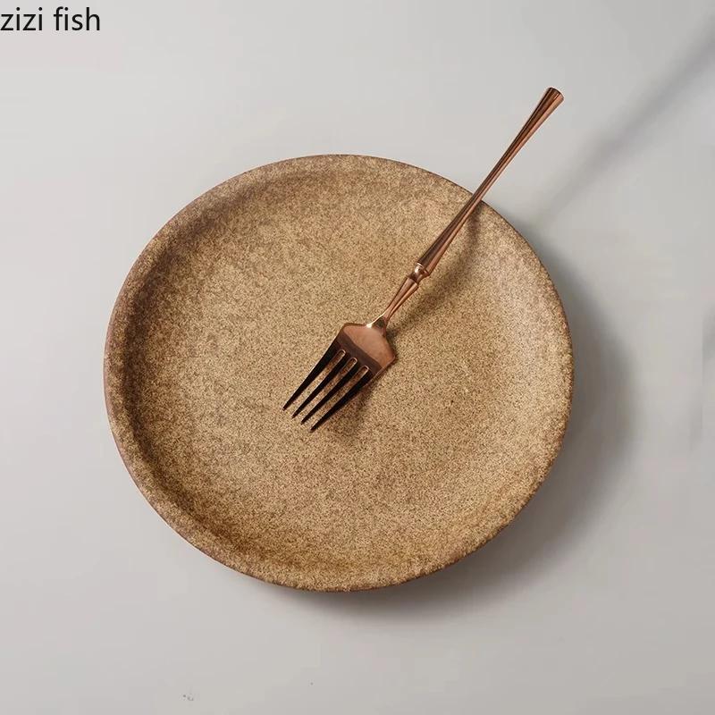 Vintage Frosted Brown Ceramic Plate Restaurant Round Steak Plate Pasta Plate Dessert Plates Snack Plates  Creative Salad Plates