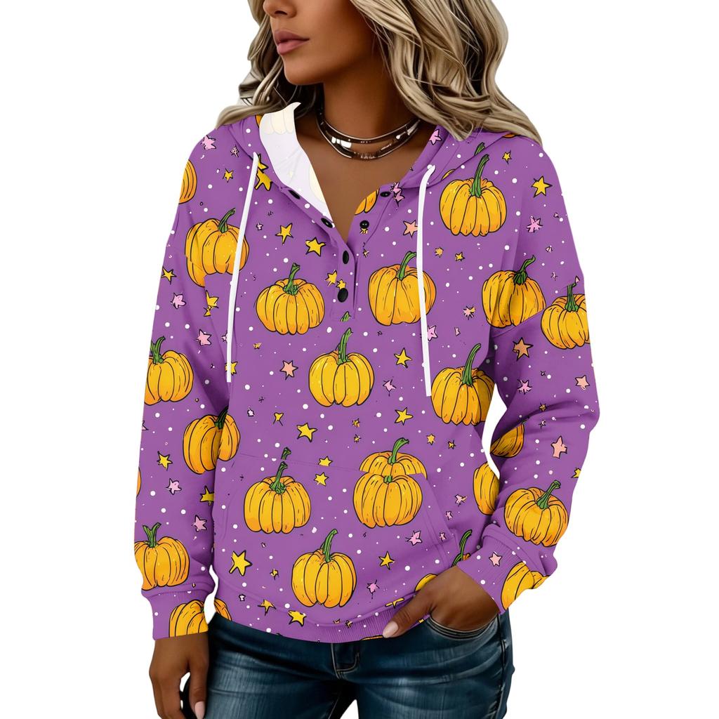 Women's Fashion Hooded Button Front Halloween Print Sweatshirt