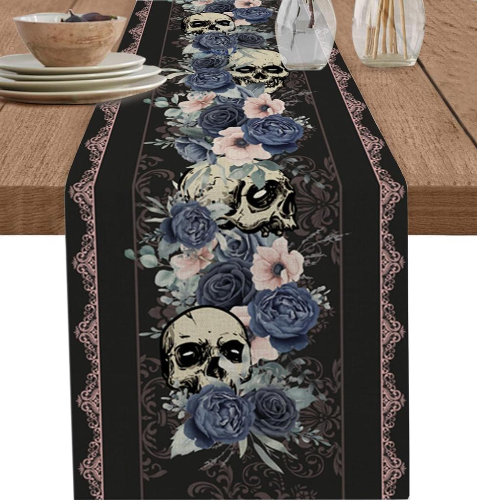 Halloween Goth Style Skulls Flowers Linen Table Runner Dresser Scarves Farmhouse Kitchen Dining Table Runner Party Decorations