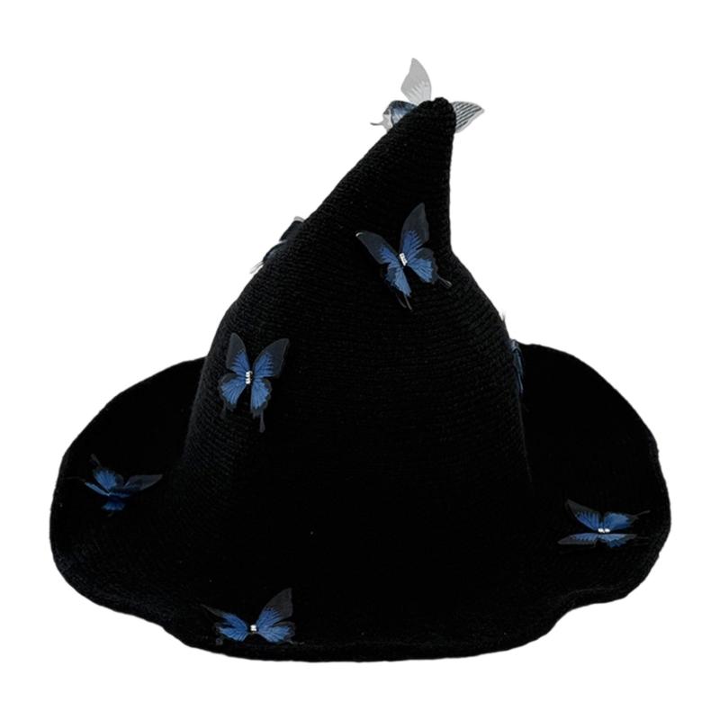 Halloween Knitted Witch Hat with Lovely Butterfly Accent Witch Costume Hat for Adults Costume Parties