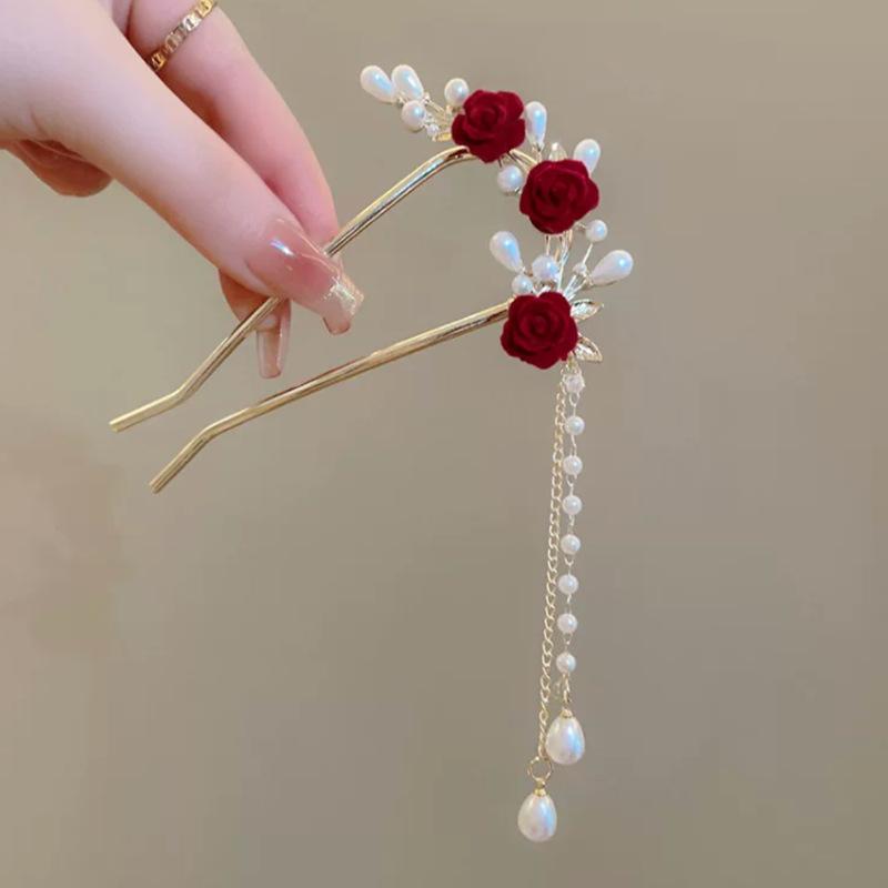 Antique Butterfly Flower Bamboo U-shaped Hairpin Super Fairy Retro Pearl Fringed Hairpin Hanfu Ancient Hairpin Accessories
