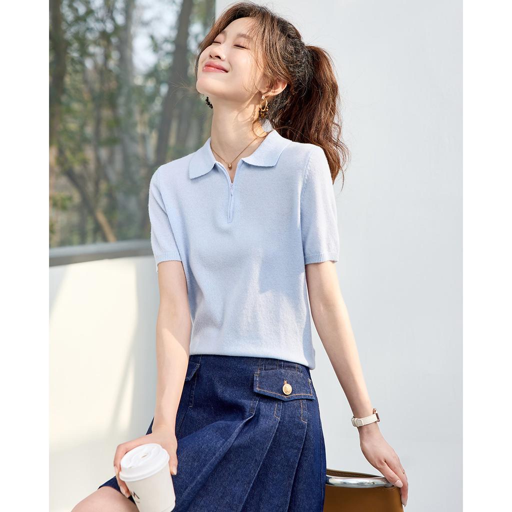 Simple summer clothes Polo collar sports style high-quality women's T-shirt top women's short sleeved women's knitted sweater