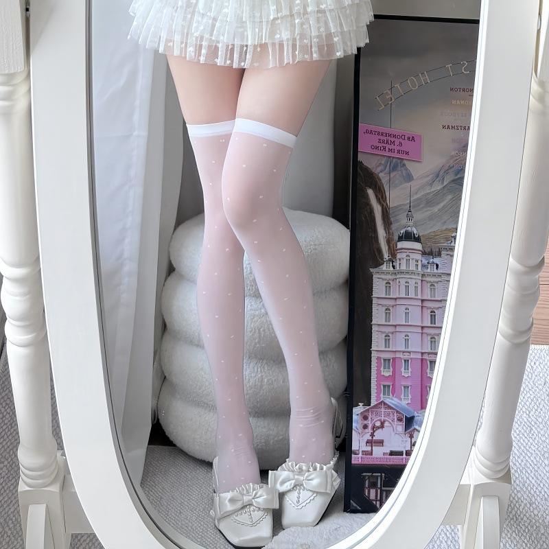 Knee Stockings Women'S Summer Thin White Pure Desire White Silk Thigh Stockings Love Black Silk Polka Dot Knee Socks