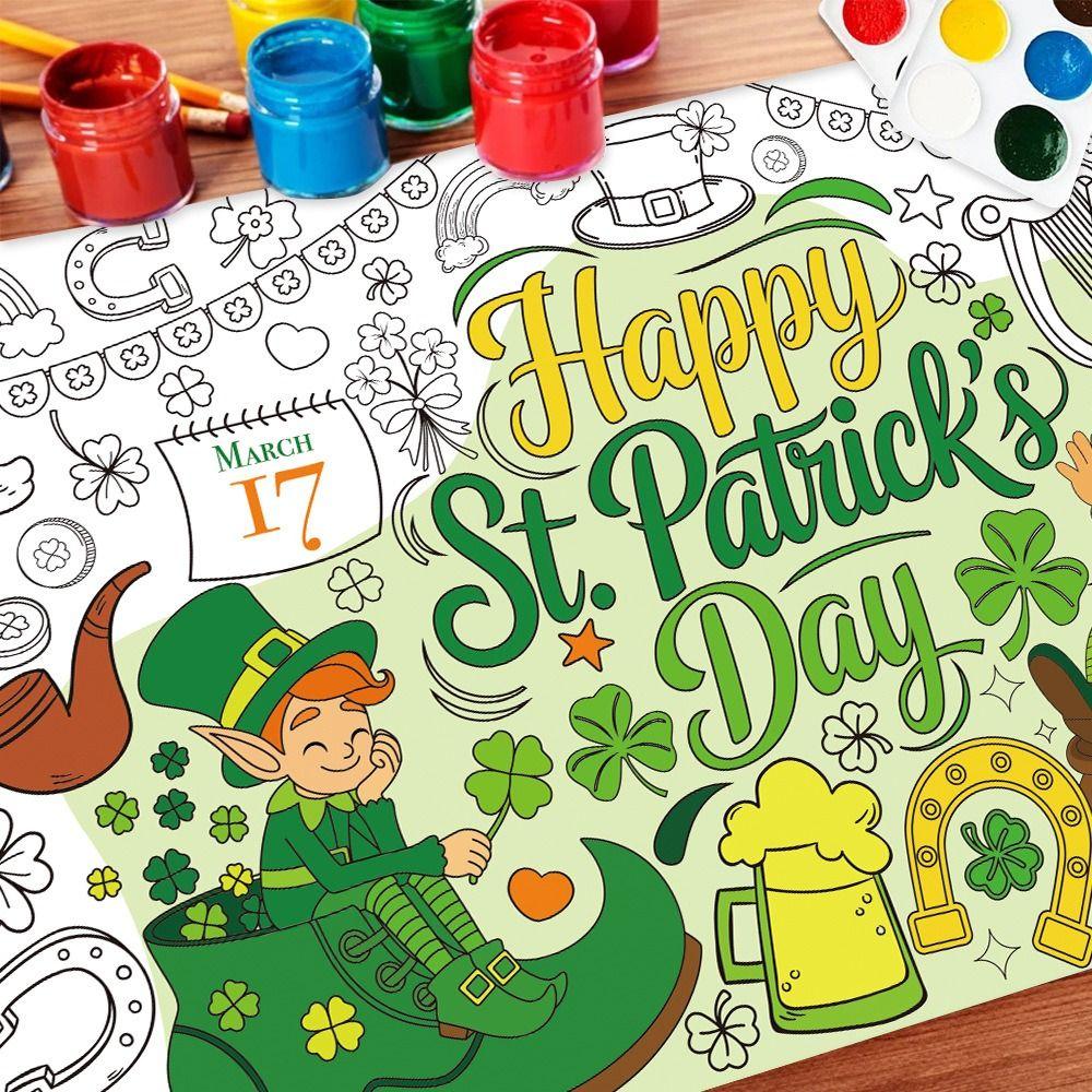 130x75cm St Patricks Day Coloring Tablecloth Shamrocks Lucky Giant Coloring Banner Giant Size DIY Paper Coloring Poster