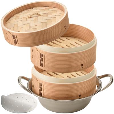 Hist IH-compatible Steamer Set (2-tier, 2 Steamers, 1 Lid) - Commercial Use - Bamboo Steamer, Cedar Steamer (with Pot) (21cm)