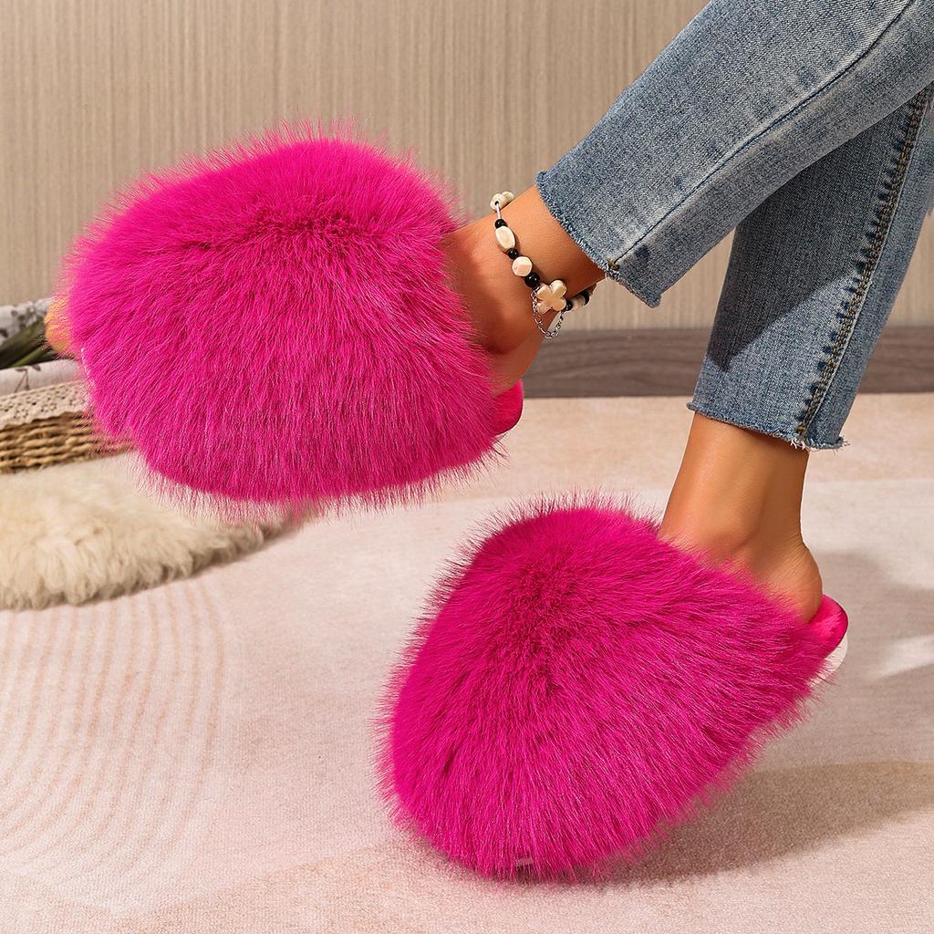 Korean Style Faux Fur Slippers with Non-Slip Rubber Sole