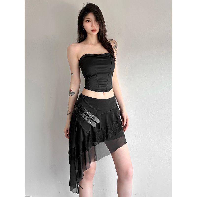 # Sisjuly# Korean Series Trendy Cool Gyaru Mesh Patchwork Irregular Lace-up Design High Waist Skirt for Women