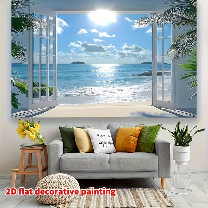 Ocean View Open Door Tapestry Beach Palm Tree Background Cloth