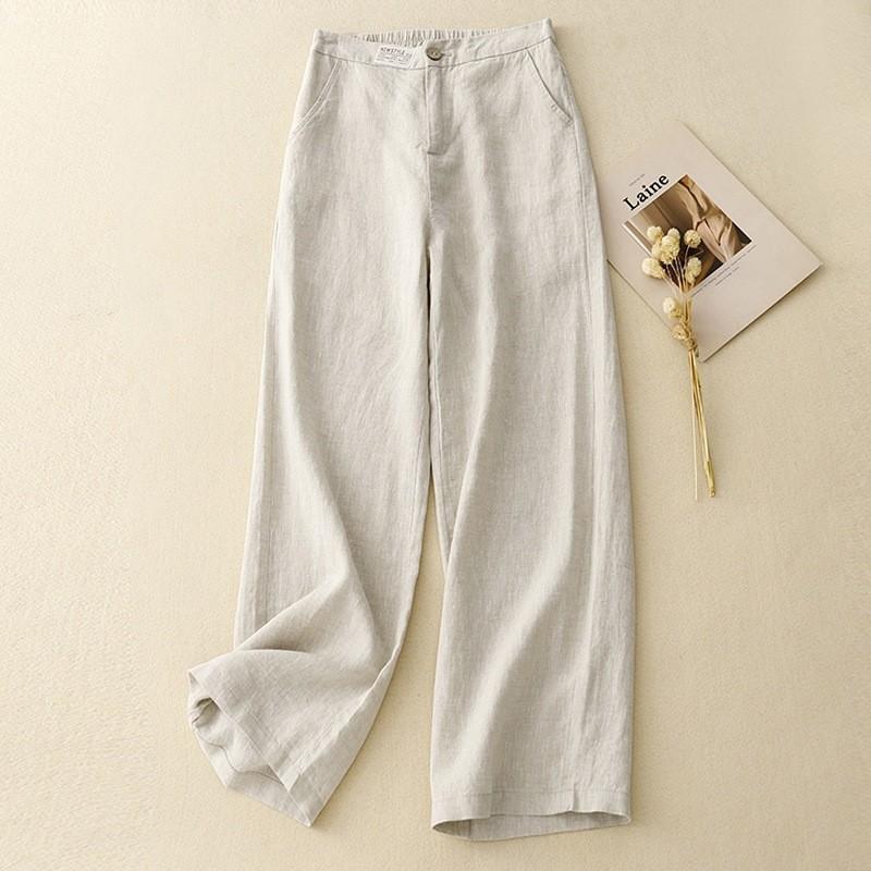 2025 spring new solid color high waist cotton and linen casual trousers women's fashion loose drape high waist straight pants