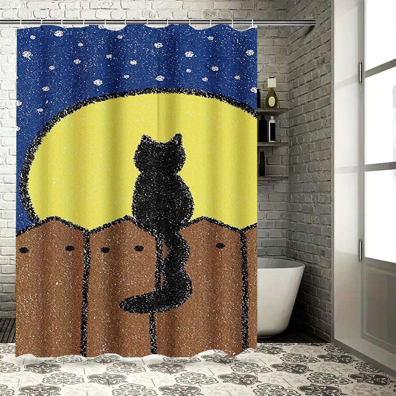 Black Cat on Fence Under Moon Waterproof Shower Curtain Heat Resistant Machine Washable Non-Transparent 180x180cm