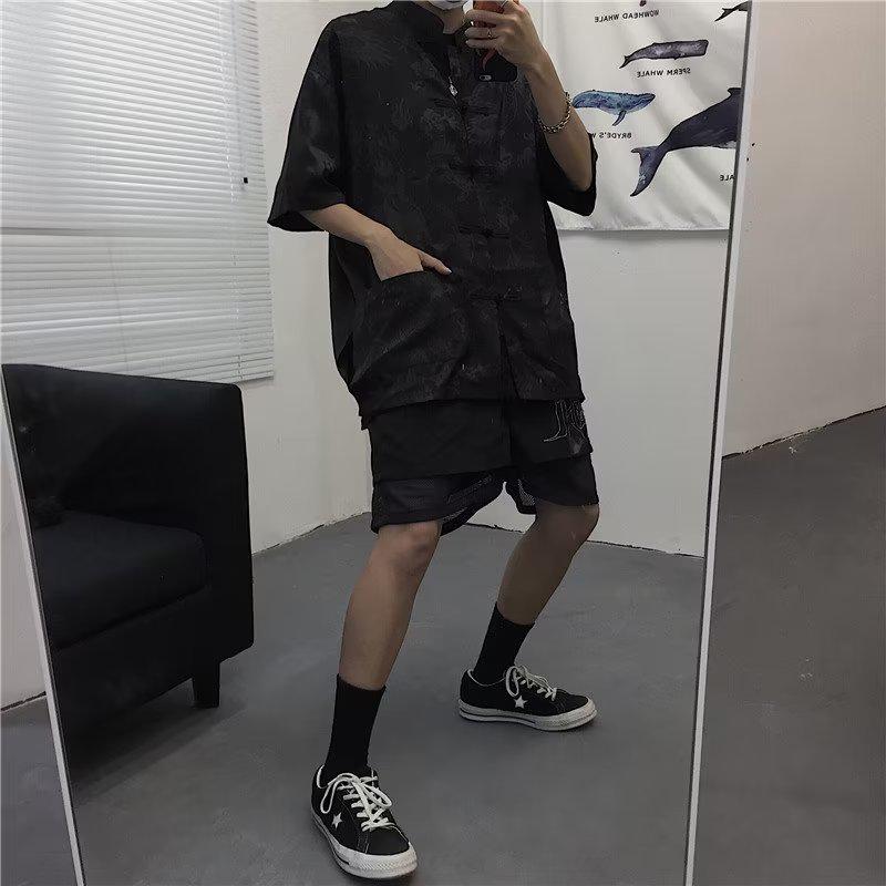 Men's Retro Chinese Tang Suit Short-Sleeved Dragon Pattern Shirt - National Trend Couple's Casual All-Match Jacket