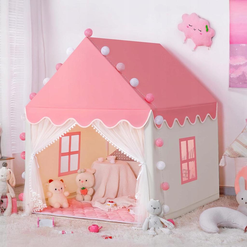 Children's Tent House Castle Palace For Room Garden House + Pink LED Lights